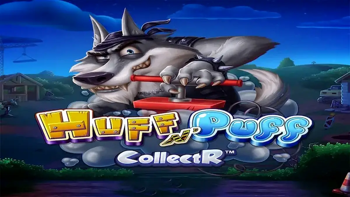 Tampilan visual permainan slot Huff N’ Puff CollectR dengan karakter babi dan serigala