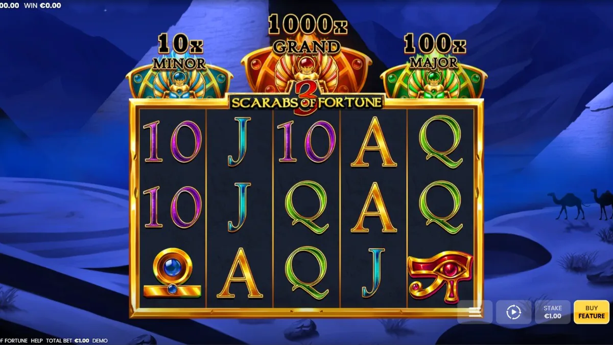 Tampilan visual slot 3 Scarabs of Fortune dengan tema Mesir Kuno yang mewah