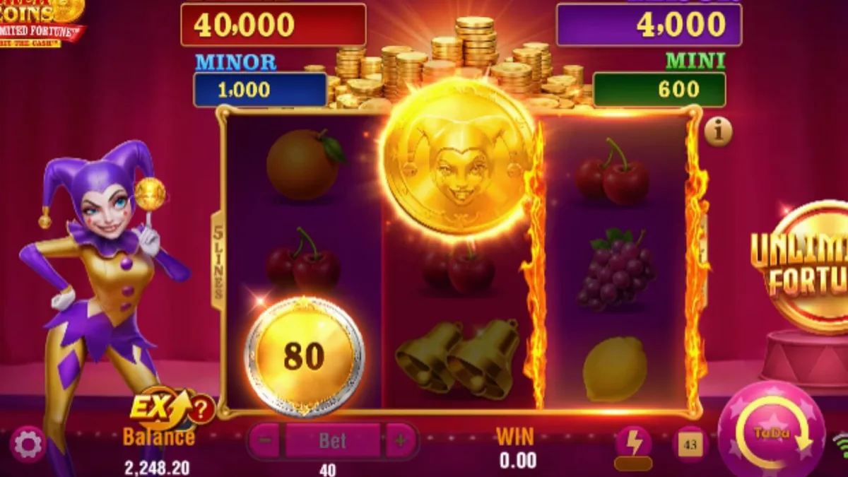 Tampilan visual slot Joker Coins Unlimited Fortune dengan simbol buah dan neon